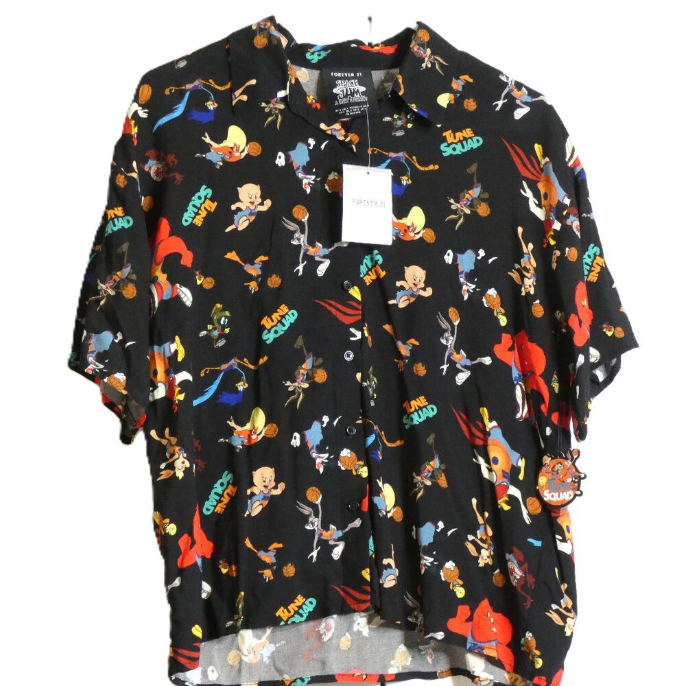 Space Jam Shirt Size S Black Looney Tunes Rayon Forever 21 Casual Buttons NWT
